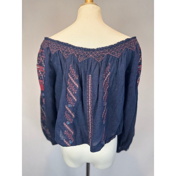 Free People XS Peasant Blouse Blue Pink Boho Off Shoulder Cotton blend - Picture 5 of 8